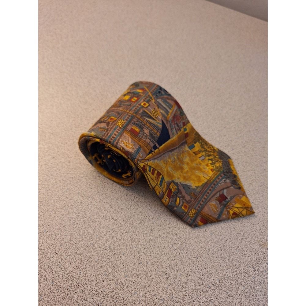 Ermenegildo Zegna Tie 58" Mens Yellow Nautical Ship Anchor Silk Italy Necktie